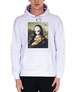 White Hoodie Mona Lisa Alien UFO Mask Fun Shirt